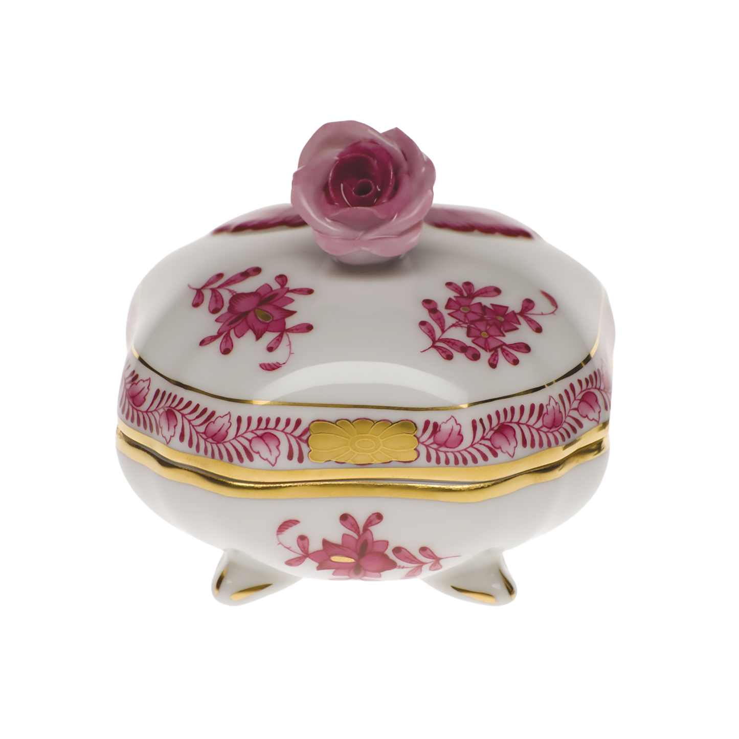 Herend Chinese Bouquet Raspberry Covered Bonbon Box with Rose | 3in