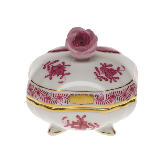 Herend Chinese Bouquet Raspberry Covered Bonbon Box with Rose | 3in