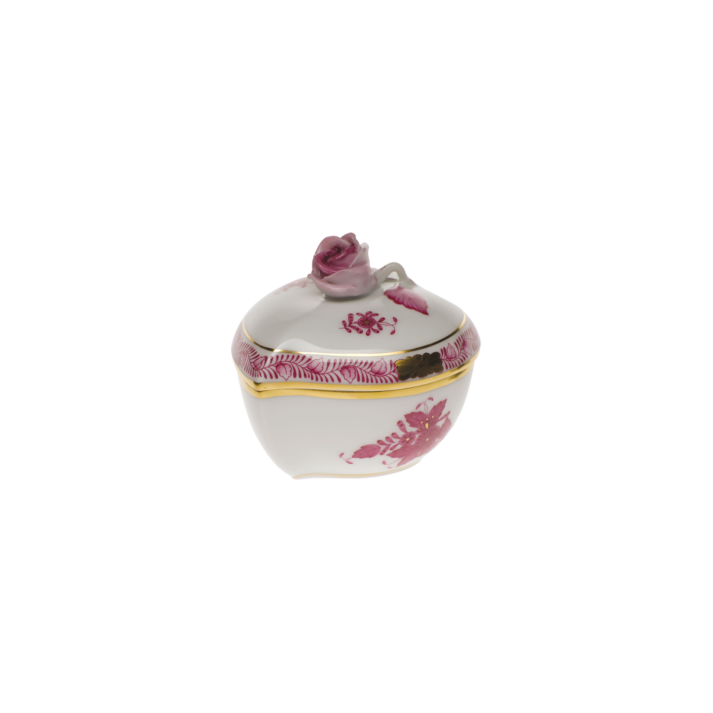 Herend Chinese Bouquet Raspberry Heart Bonbon Box with Rose | 3x2in