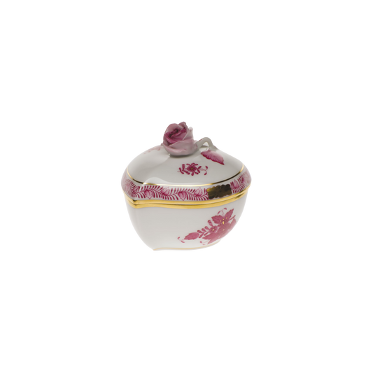 Herend Chinese Bouquet Raspberry Heart Bonbon Box with Rose | 3x2in