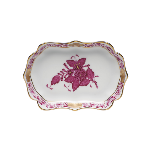 Herend Chinese Bouquet Raspberry Mini Scalloped Tray | 4.25x3in