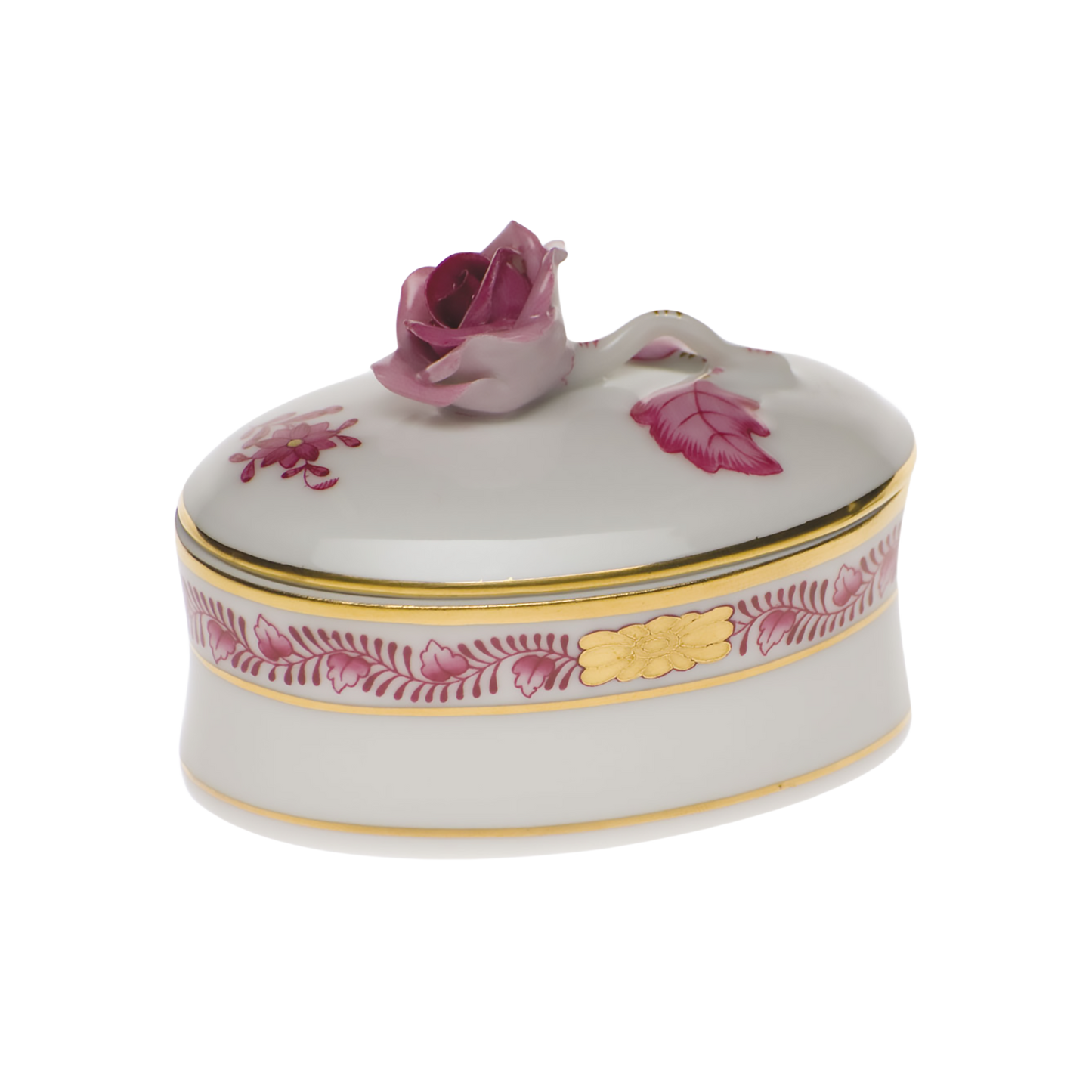 Herend Chinese Bouquet Raspberry Oval Box with Rose | 2.75x2in