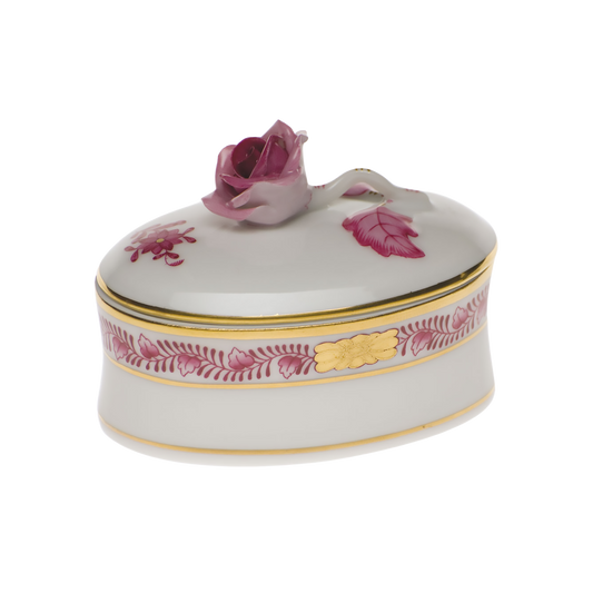Herend Chinese Bouquet Raspberry Oval Box with Rose | 2.75x2in