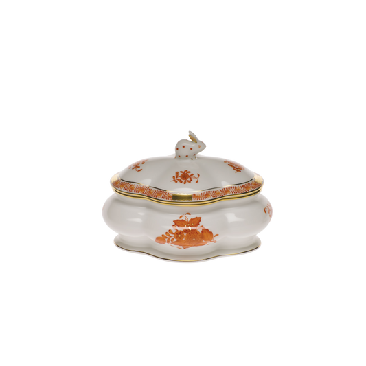Herend Chinese Bouquet Rust Covered Bonbon Box with Bunny | 5x4in