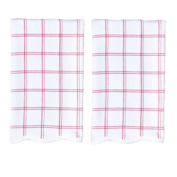 Weezie Towels Luxury Scalloped Kitchen Towel Set of 2 | Red Windowpane