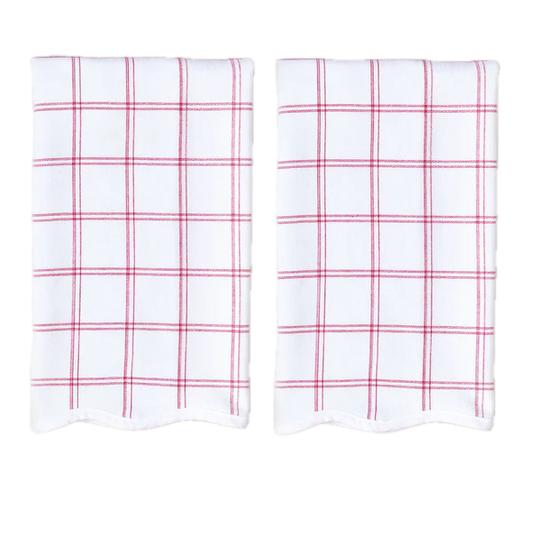 Weezie Towels Luxury Scalloped Kitchen Towel Set of 2 | Red Windowpane