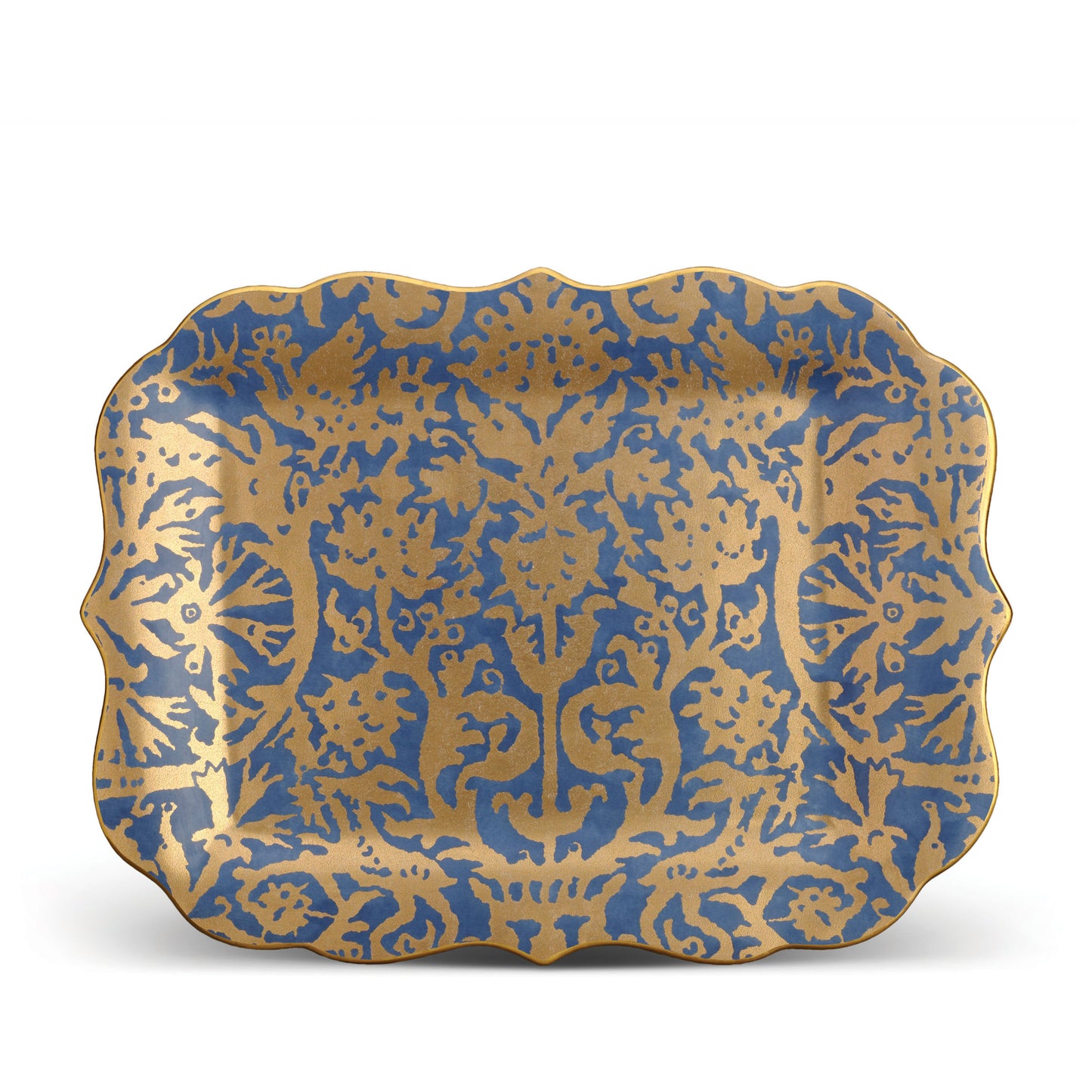 L'Objet Fortuny Pergolesi Blue 24k Gold Hand Gilded Earthernware Large Rectangular Platter | 16x12in