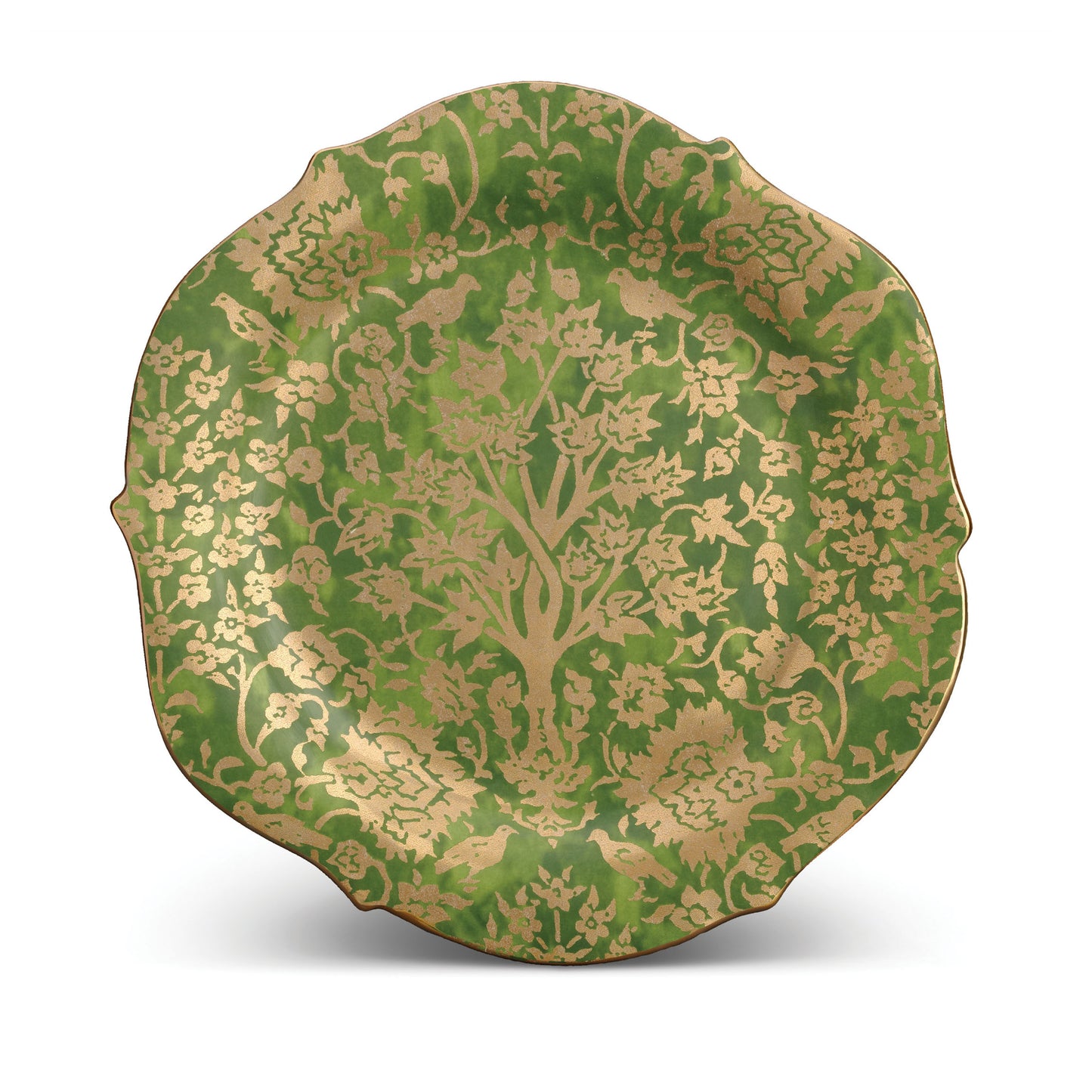 L'Objet Fortuny Alberelli Green 24k Gold Hand Gilded Earthernware Large Round Platter | 14in