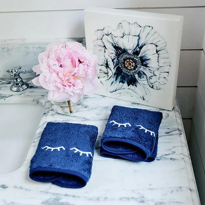 Weezie Towels Luxury Makeup Towel Set of 2 | Navy + White Eyelids Embroidery