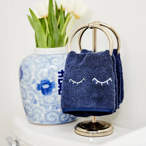 Weezie Towels Luxury Makeup Towel Set of 2 | Navy + White Eyelids Embroidery