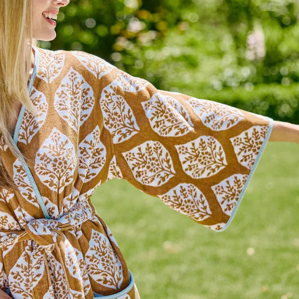Weezie Towels Luxury Womens Long Bell Sleeve Sienna Block Pattern Robe | Medium
