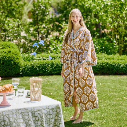 Weezie Towels Luxury Womens Long Bell Sleeve Sienna Block Pattern Robe | Small