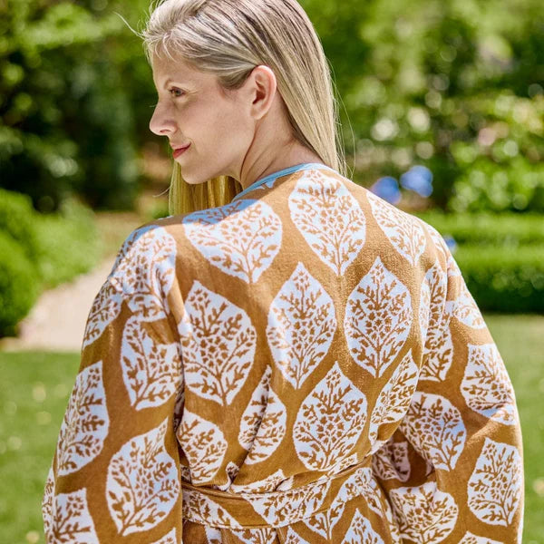 Weezie Towels Luxury Womens Long Bell Sleeve Sienna Block Pattern Robe | Small