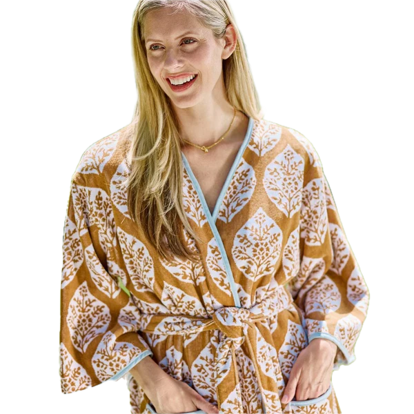Weezie Towels Luxury Womens Long Bell Sleeve Sienna Block Pattern Robe | Small