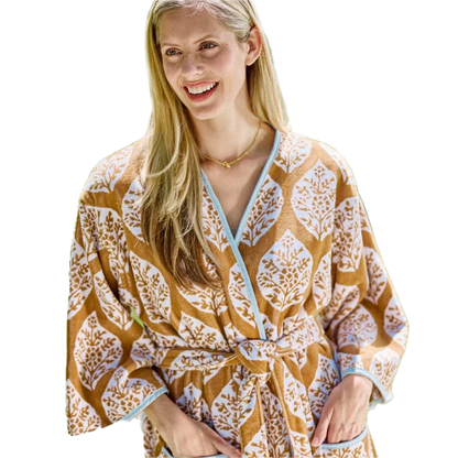Weezie Towels Luxury Womens Long Bell Sleeve Sienna Block Pattern Robe | Small