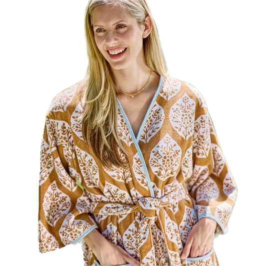 Weezie Towels Luxury Womens Long Bell Sleeve Sienna Block Pattern Robe | Small