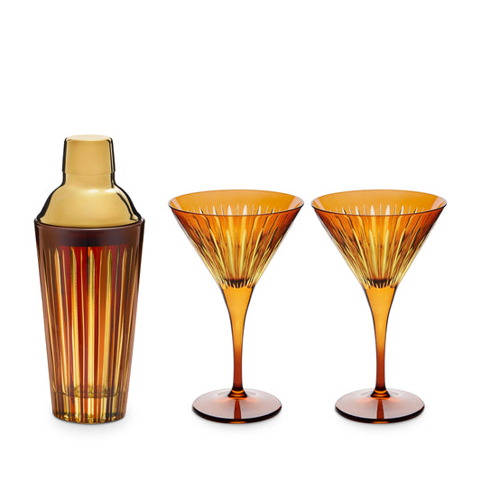 L'Objet Prism Amber Hand Cut Glass Cocktail Shaker + Martini Glass Set of 3 | 8.5in 10oz + 7in + 8oz