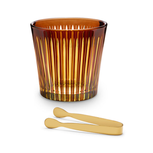 L'Objet Prism Amber Hand Cut Glass Ice Bucket + Tongs | 5.25x5in 25oz