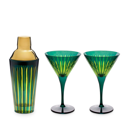 L'Objet Prism Green Hand Cut Glass Cocktail Shaker + Martini Glass Set of 3 | 8.5in 10oz + 7in + 8oz