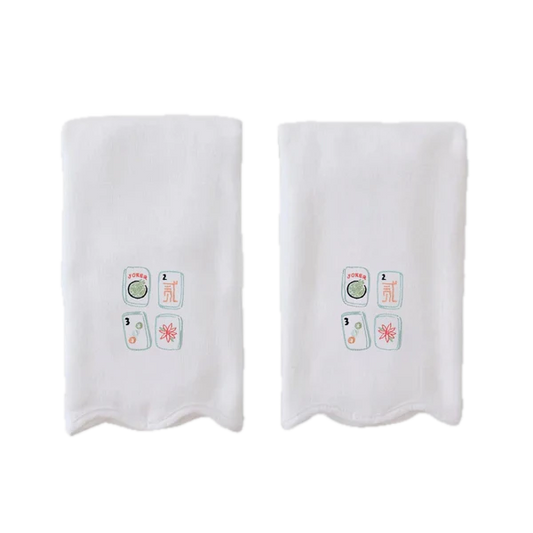Weezie Towels Luxury Scallop Edge Powder Bath Towel Set of 2 | White + Mahjong Embroidery