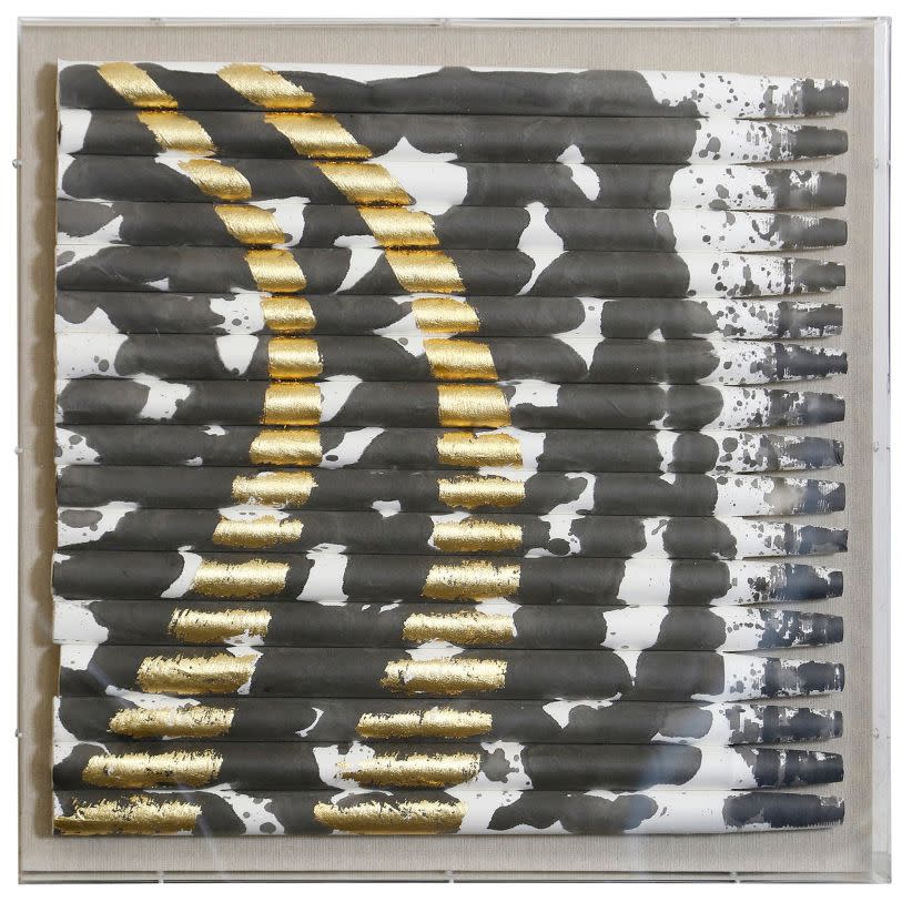 Rolled Paper Right Point Framed Shadowbox Art | Black White + Gold Acrylic 24in Square