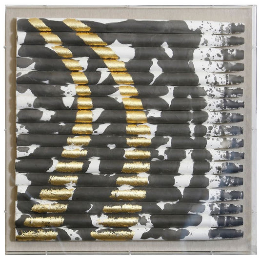 Rolled Paper Right Point Framed Shadowbox Art | Black White + Gold Acrylic 24in Square