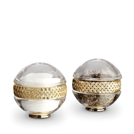 L'Objet Braid Woven Spice Jewel Glass 24k Gold Hand Gilded Salt + Pepper Shaker Set of 2 | 2.5x3in