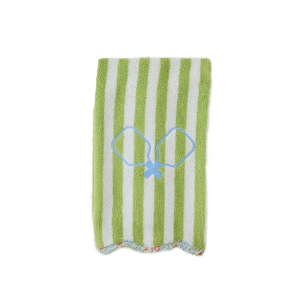 Weezie Towels Luxury Scalloped Pickle Ball Paddles Towel | Green Lawn Striped Liberty