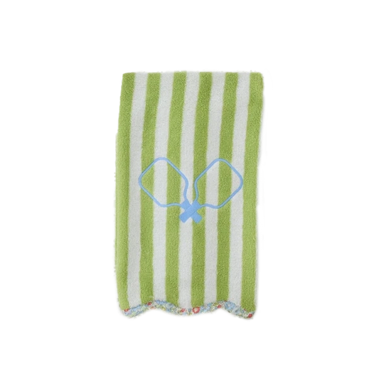 Weezie Towels Luxury Scalloped Pickle Ball Paddles Towel | Green Lawn Striped Liberty