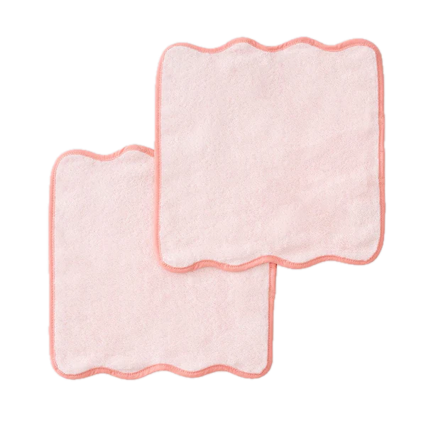Weezie Towels Luxury Scallop Edge Washcloth Set of 2 | Pink + Coral Piping