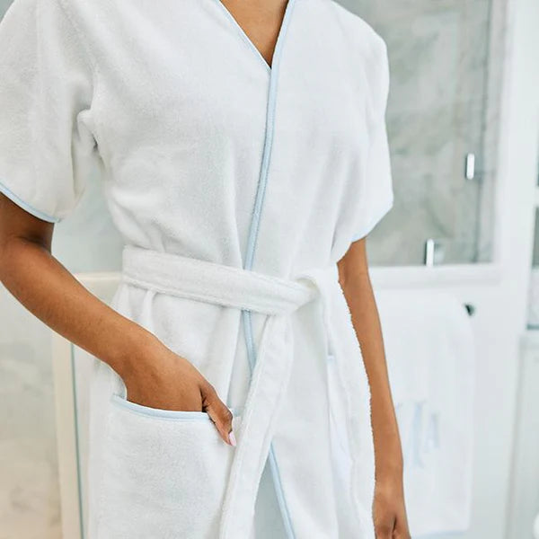 Weezie Towels Luxury Women's Short Signature White + Light Blue Piping Robe | Medium