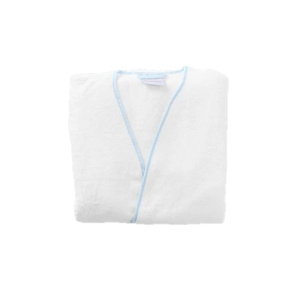 Weezie Towels Luxury Women's Short Signature White + Light Blue Piping Robe | Extra Small