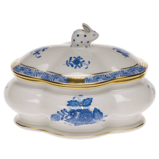 Herend Covered BonBon with Bunny | Chinese Bouquet Blue 5x4in