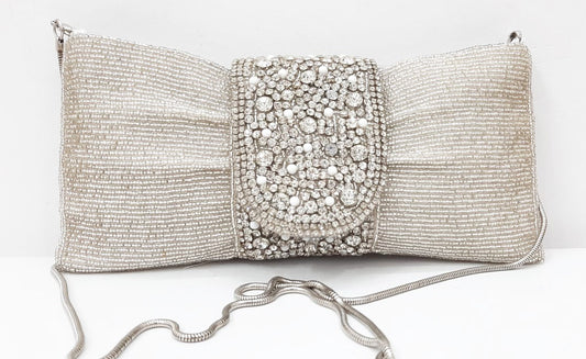 Silver Beaded + Crystal Bow Ziptop Bag