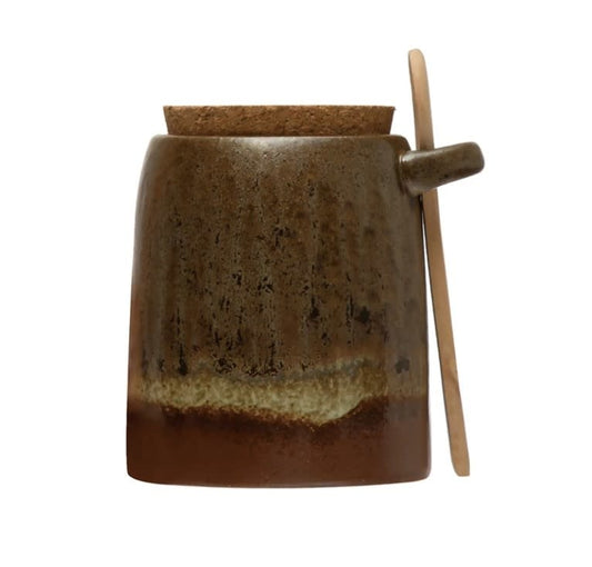Stoneware Salt Jar Wood Spoon Set | Multicolor
