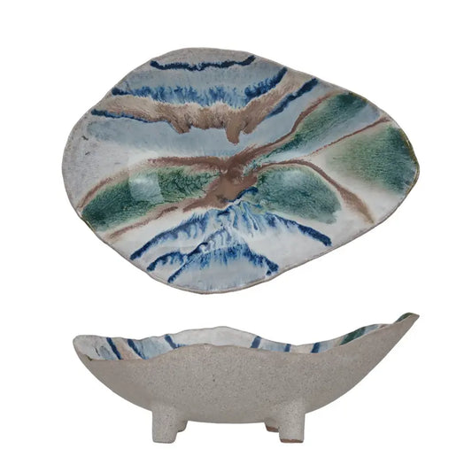 Organic Blue Multi Footed Stoneware Shaped Bowl | 11.5 x 8.0