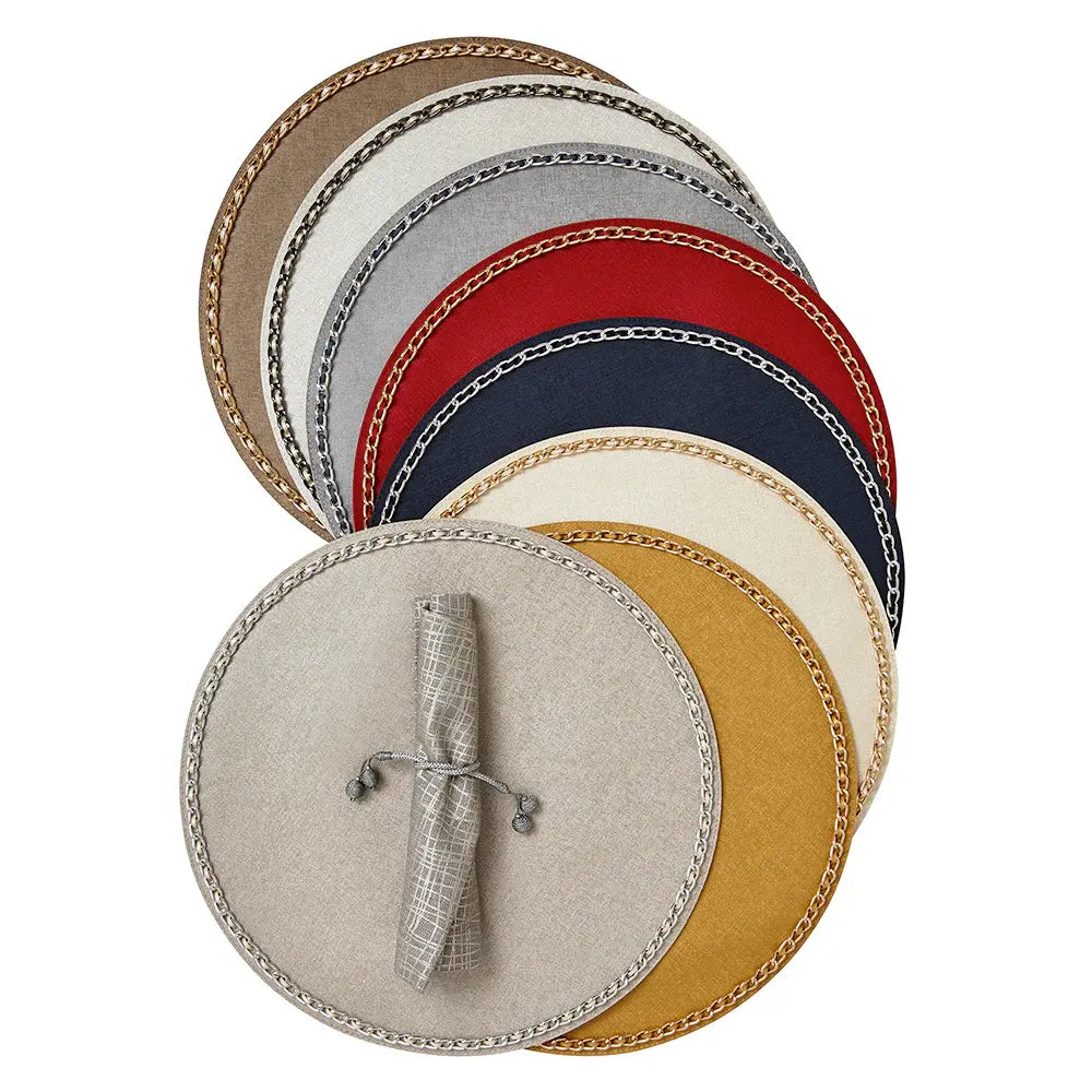 Chain Trim Vinyl Placemats Set of 4 | Milky Grey with Gunmetal Trim 16in Round
