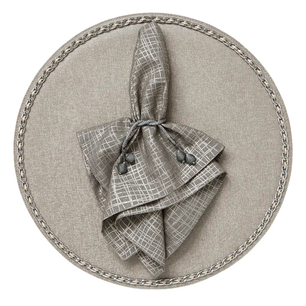 Chain Trim Vinyl Placemats Set of 4 | Milky Grey with Gunmetal Trim 16in Round