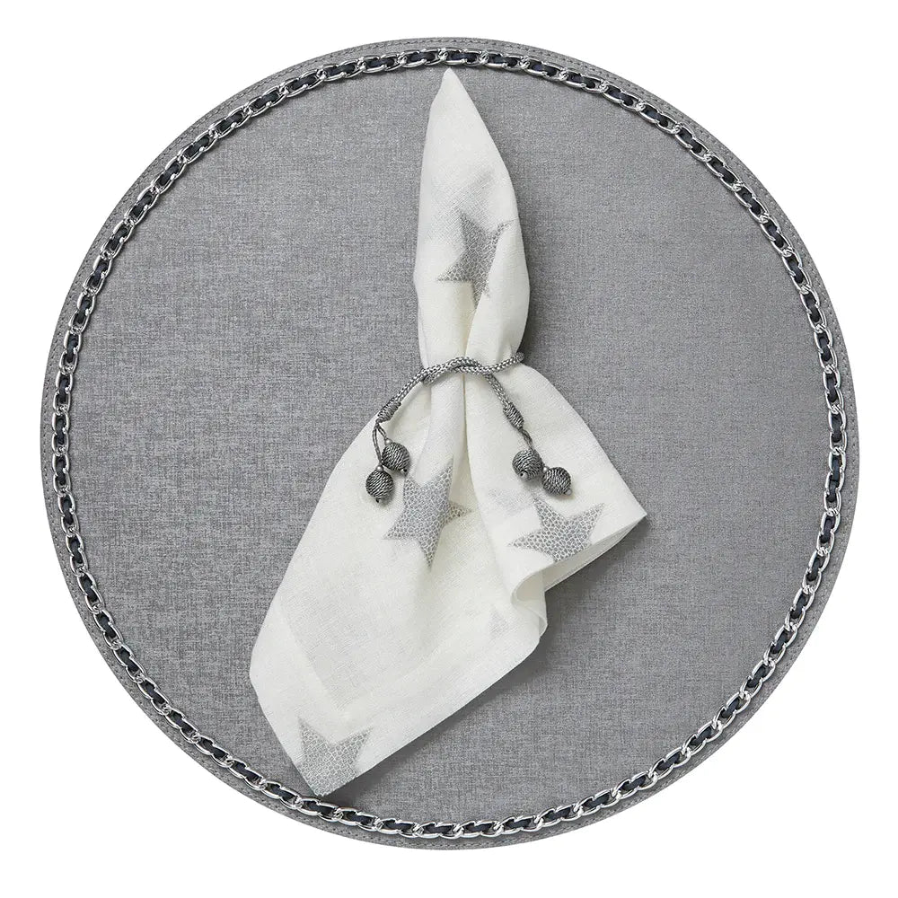 Chain Trim Vinyl Placemats Set of 4 | Milky Grey with Gunmetal Trim 16in Round