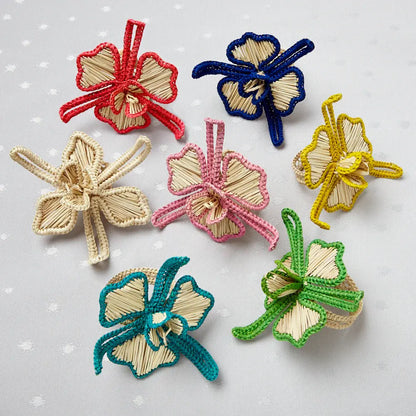 Palm Straw Handcrafted Napkin Rings Set of 4 | Abstract Flower Natural