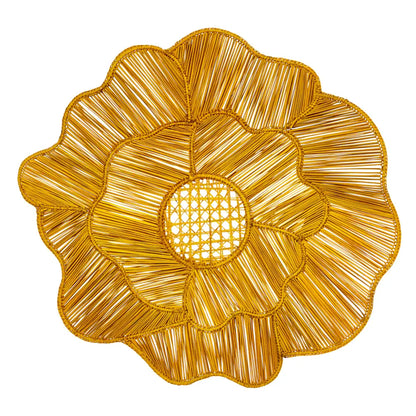 Palm Straw Handcrafted Placemats Set of 4 | Abstract Flower Yellow 15in Round