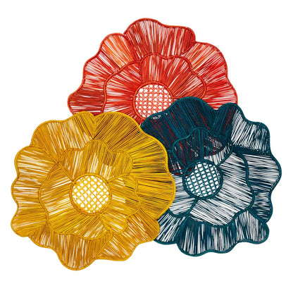 Palm Straw Handcrafted Placemats Set of 4 | Abstract Flower Yellow 15in Round