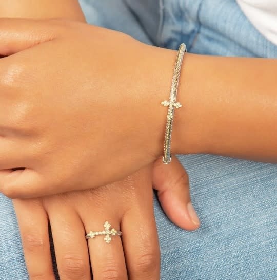 Mixed Metal Diamond Center Cross Bangle