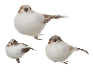 Round White Bird Clip Ornament S/3