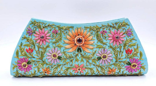 Star Ruby Gemstone + Silk Hand Embroidered Clutch | Turquoise Silk with Multicolor Embroidered Ruby Florals