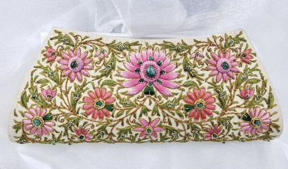 Emerald Gemstone + Silk Hand Embroidered Clutch | Gold Silk with Multicolor Embroidered Emerald Florals