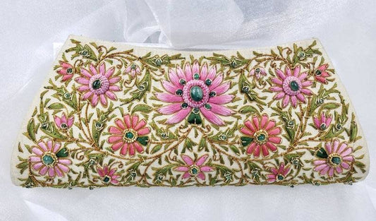 Emerald Gemstone + Silk Hand Embroidered Clutch | Gold Silk with Multicolor Embroidered Emerald Florals