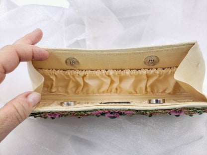 Emerald Gemstone + Silk Hand Embroidered Clutch | Gold Silk with Multicolor Embroidered Emerald Florals