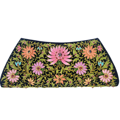 Star Ruby Gemstone + Silk Hand Embroidered Clutch | Black Silk with Multicolor Embroidered Ruby Florals