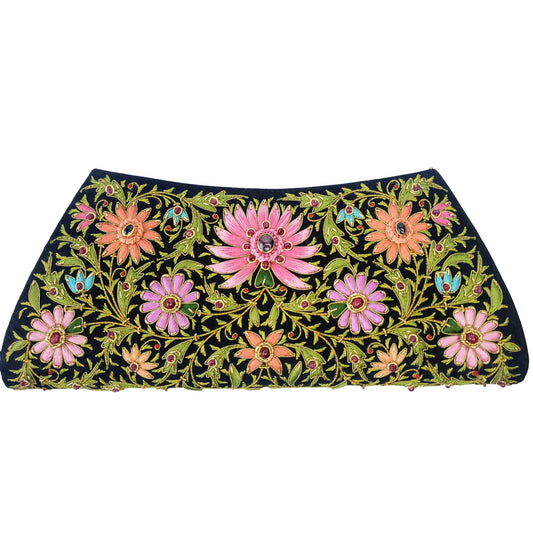 Star Ruby Gemstone + Silk Hand Embroidered Clutch | Black Silk with Multicolor Embroidered Ruby Florals